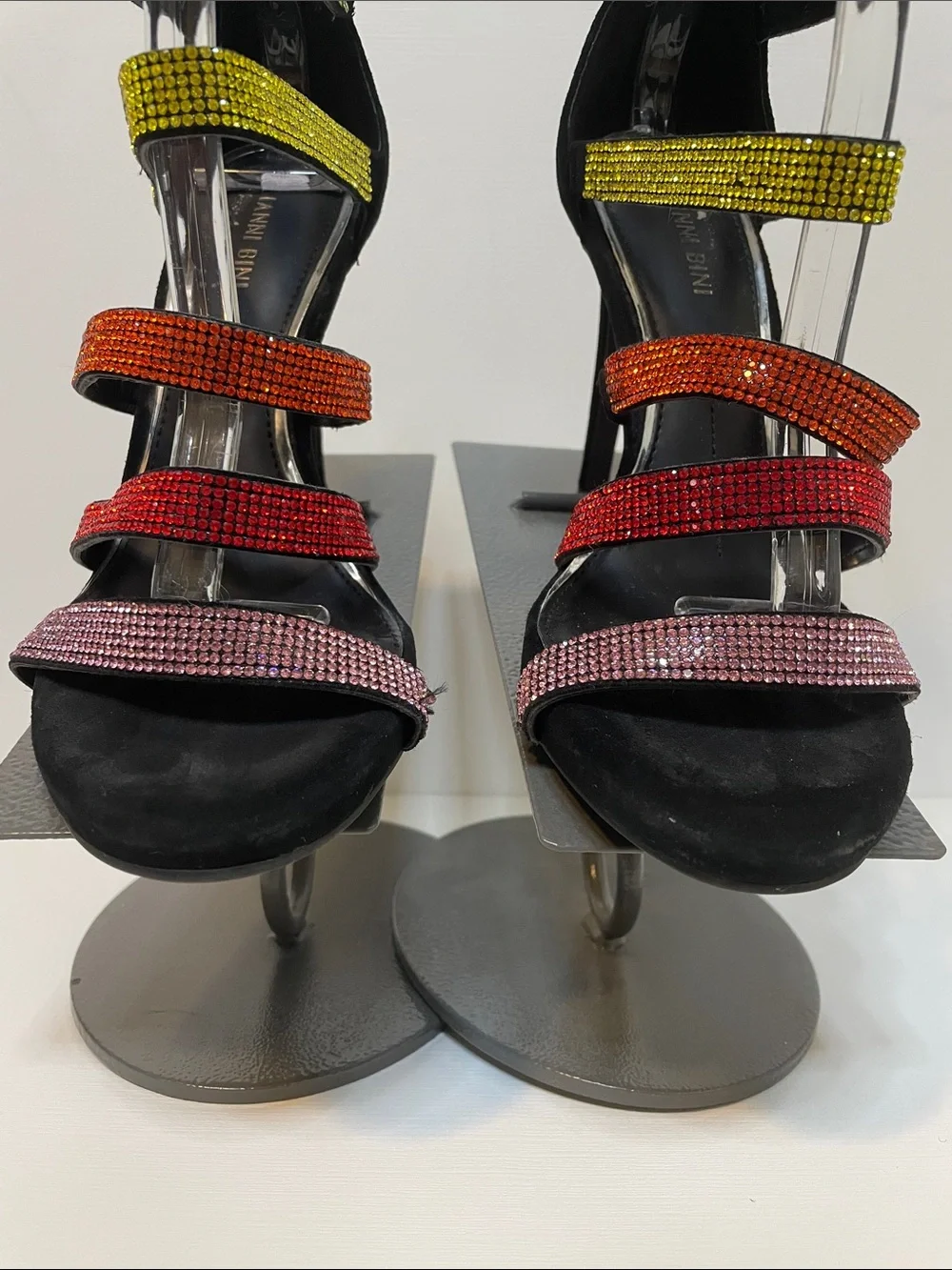 Gianni Bini Black Strappy High Heel Sandal with Multicolor Crystal Straps - Sz 7